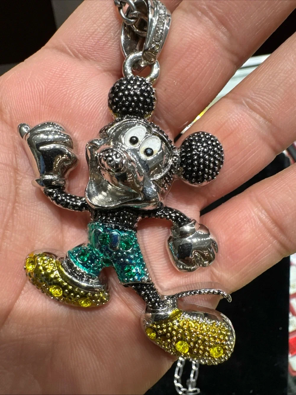 Colorful CZ Mouse Character Pendant Figaro Chain Silver Tone Fashion Necklace